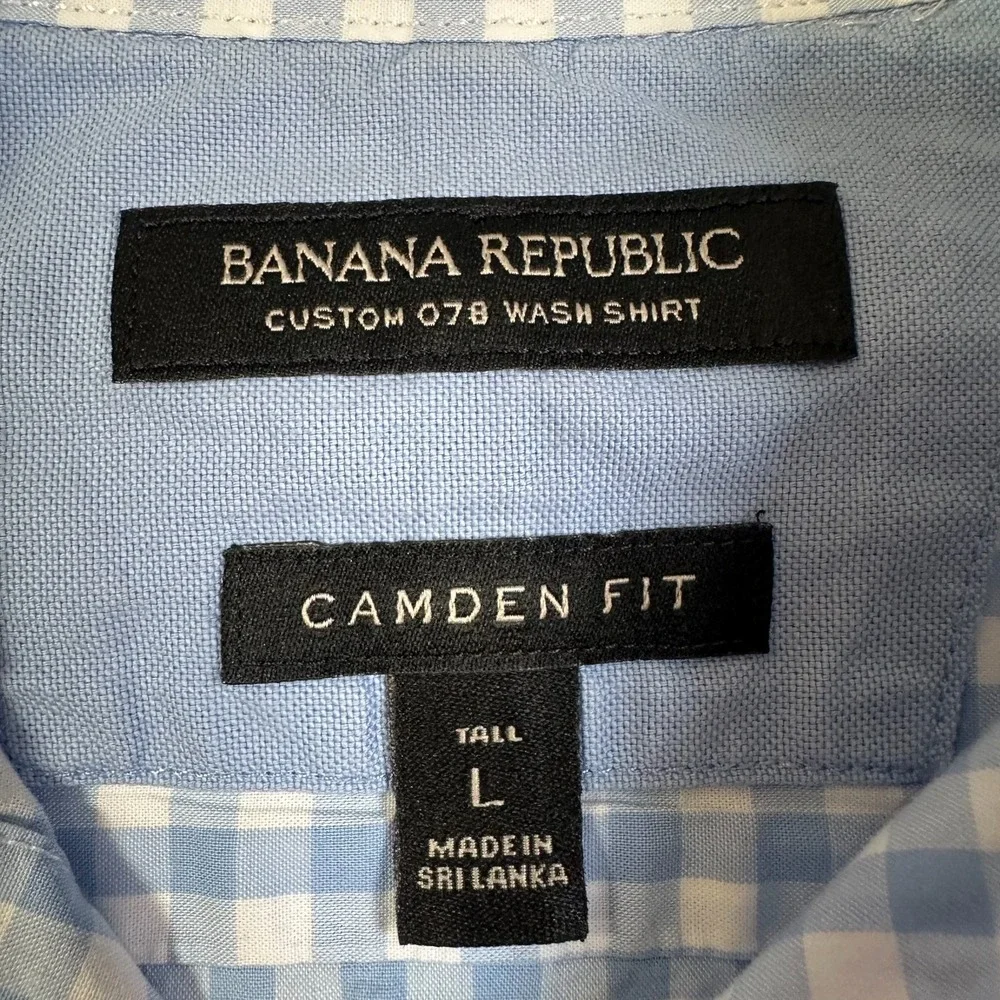 BANANA REPUBLIC Button up wash shirt Mens Large Tall sky Blue Gingham Camden fit